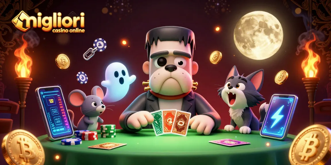 Gioca nei migliori casino online con la mascotte Frankenstein e monete criptate in un'atmosfera festosa.
