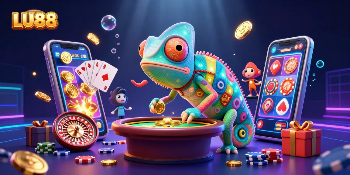 LU88 captivates players with vivid casino experiences and gaming excitement in a vibrant chameleon-themed illustration.
