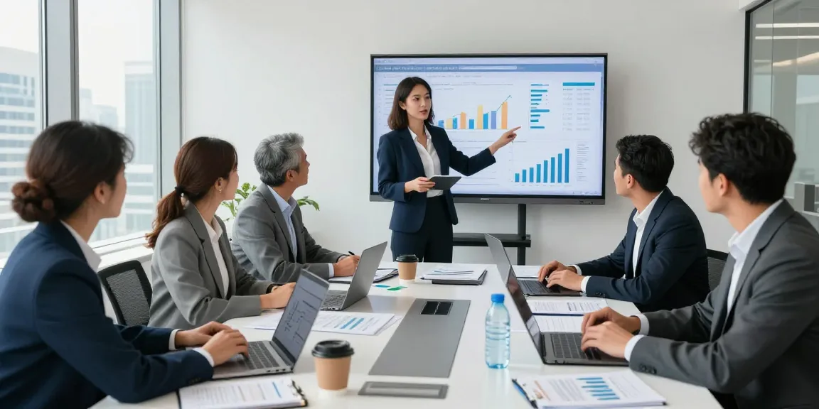 Accounting Services in Dubai: Professional team meeting in a modern office discussing financial reports and data analysis.