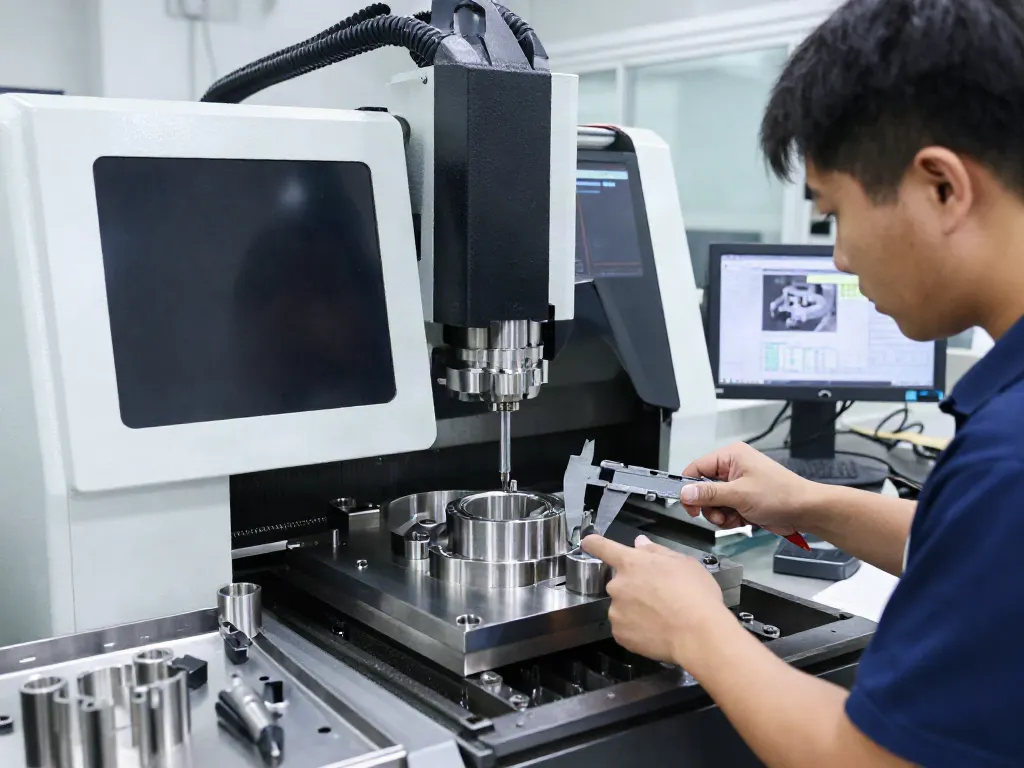 Machined stainless steel parts in a precision engineering workshop showcasing technicians at work.