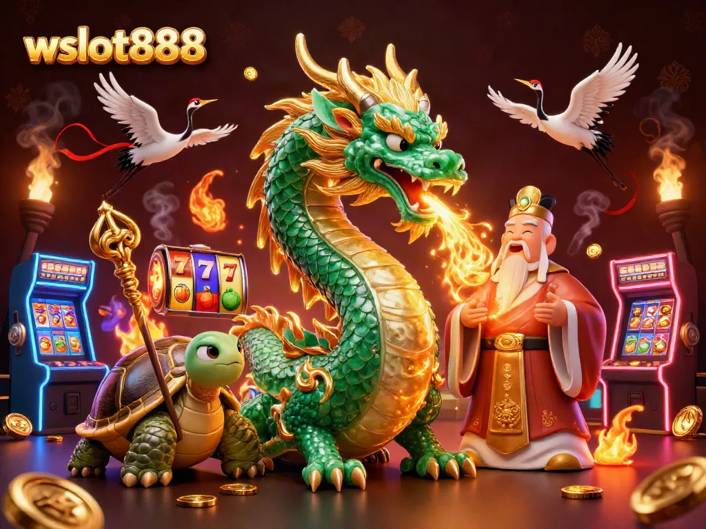Menangkan jackpot dengan wslot888 saat naga jade hijau berapi-api dan simbol permainan slot bersinar.