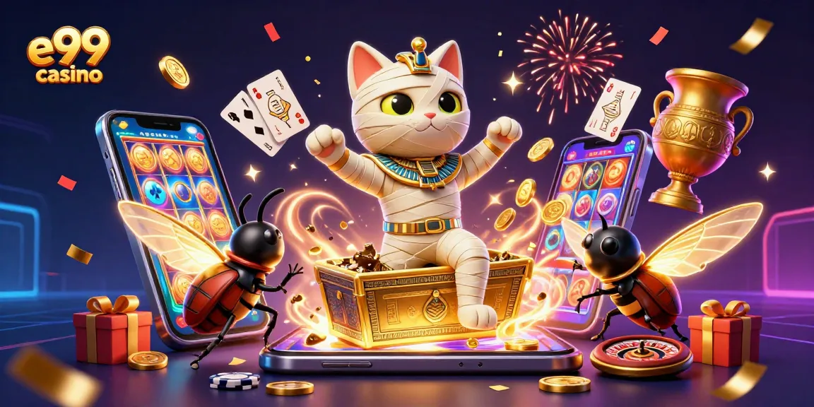 Experience thrilling action at e99 casino with a vibrant scene featuring an Egyptian mummy cat!