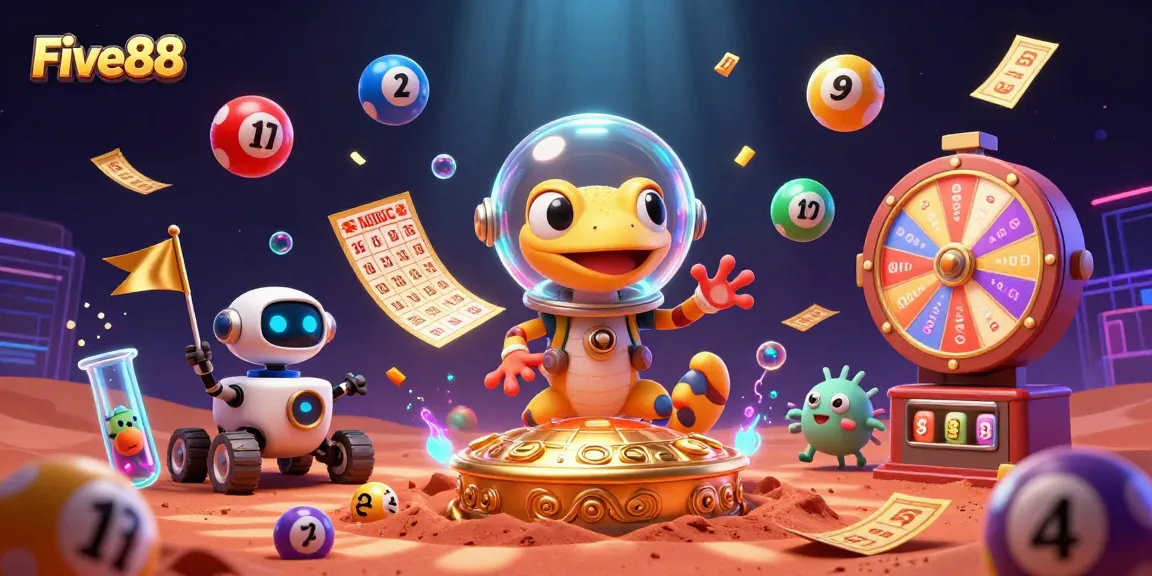 Five88 Martian gecko discovers a vibrant casino amidst bouncing lottery balls and golden elements.