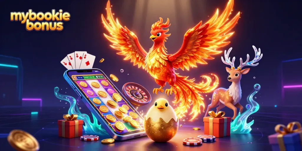 Experience the exciting mybookie bonus through vibrant digital illustrations of casino elements.