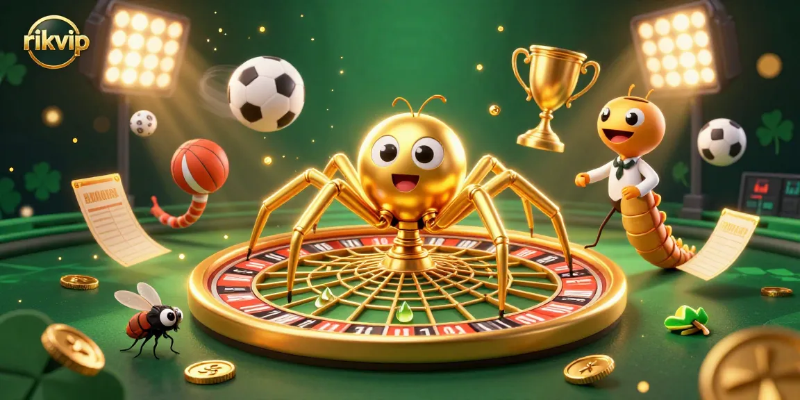 Experience the thrill of rikvip with a vibrant casino scene featuring a golden spider and sports elements.