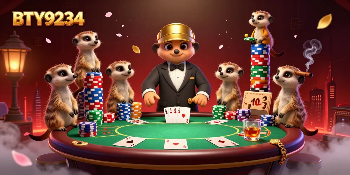 BTY9234 showcases meerkats in a bustling casino scene with vibrant poker tables and colorful chips.