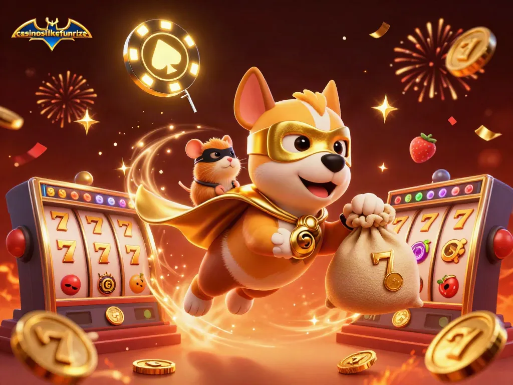 Explore casinoslikefunrize with fun characters amidst vibrant slot games and festive decorations.
