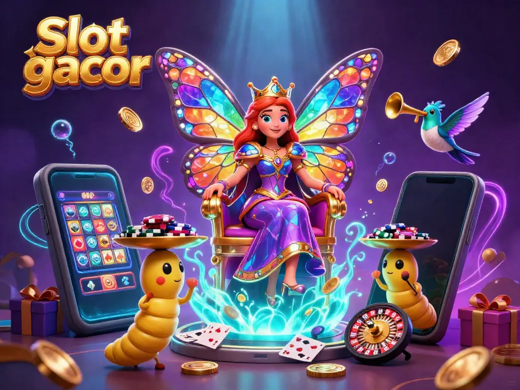 Experience slot gacor excitement with our vibrant and majestic butterfly queen surrounded by gaming elements.