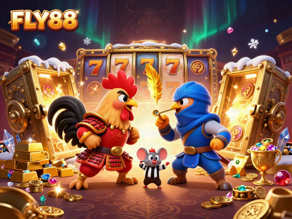 Experience thrilling battles at FLY88 with fighting roosters amid a majestic casino backdrop