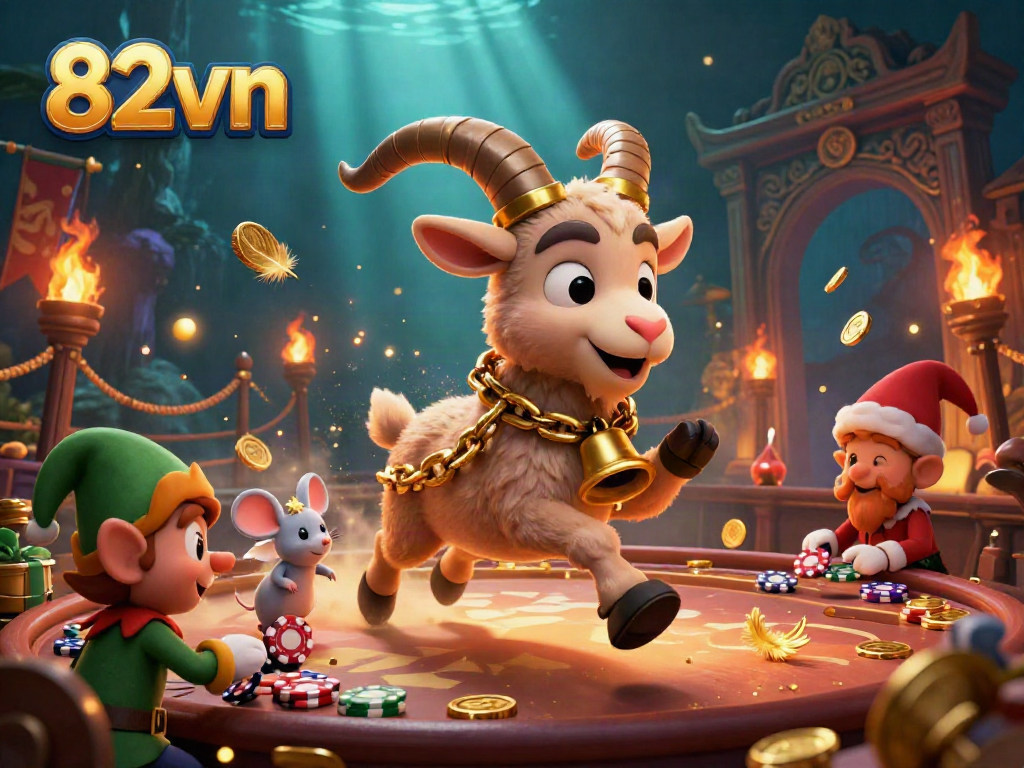 Engage with 82vn's festive horror casino scene featuring Krampus, an angel mouse, and mischievous gremlins.