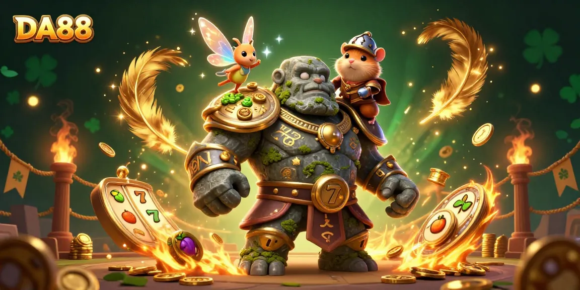 Engage with the DA88 casino adventure as the stone golem guardian spins lucky reels in a vibrant 3D illustration.