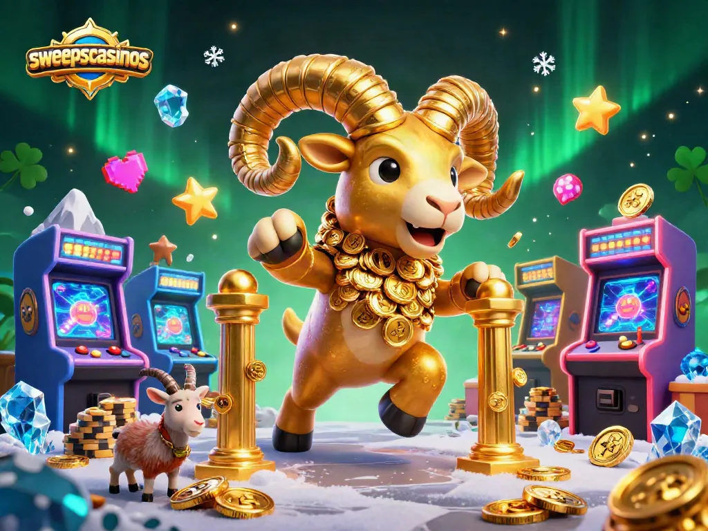 Engage with amazing games at sweepscasinos featuring a golden ram and vibrant game machines.