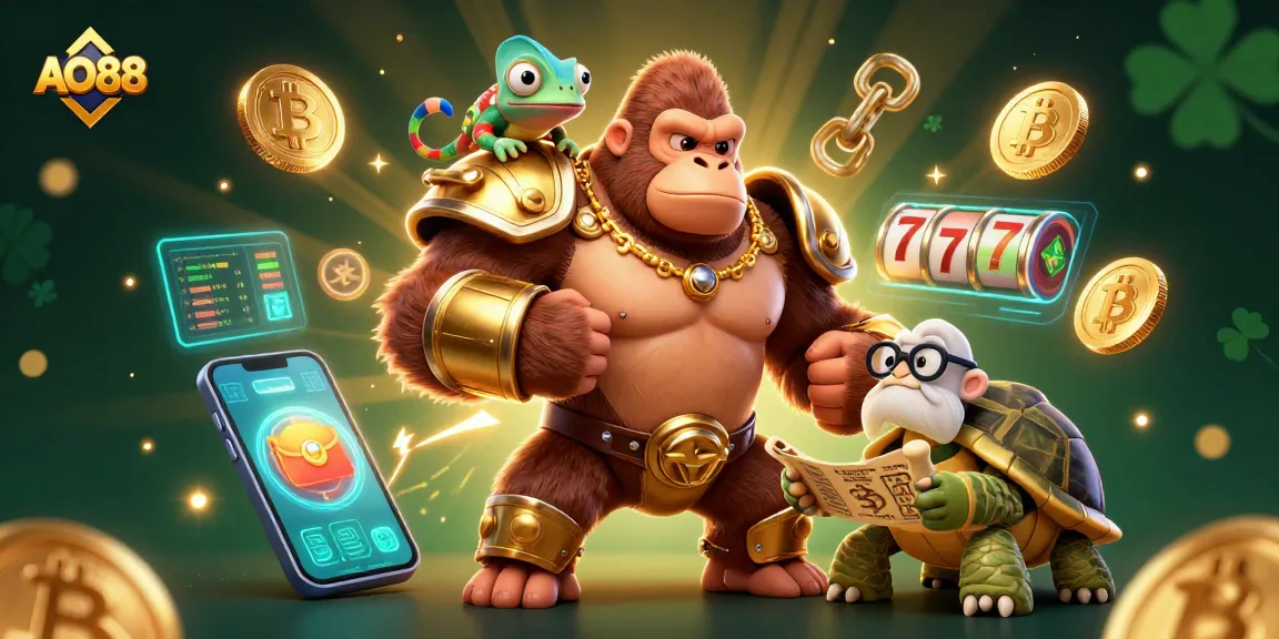 Win big with AO88 in this vibrant illustration of a powerful gorilla king and colorful casino elements.