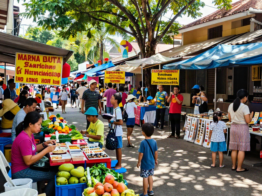 Local market teeming with life featuring vibrant stalls showcasing slot qris 5k opportunities for tourists.