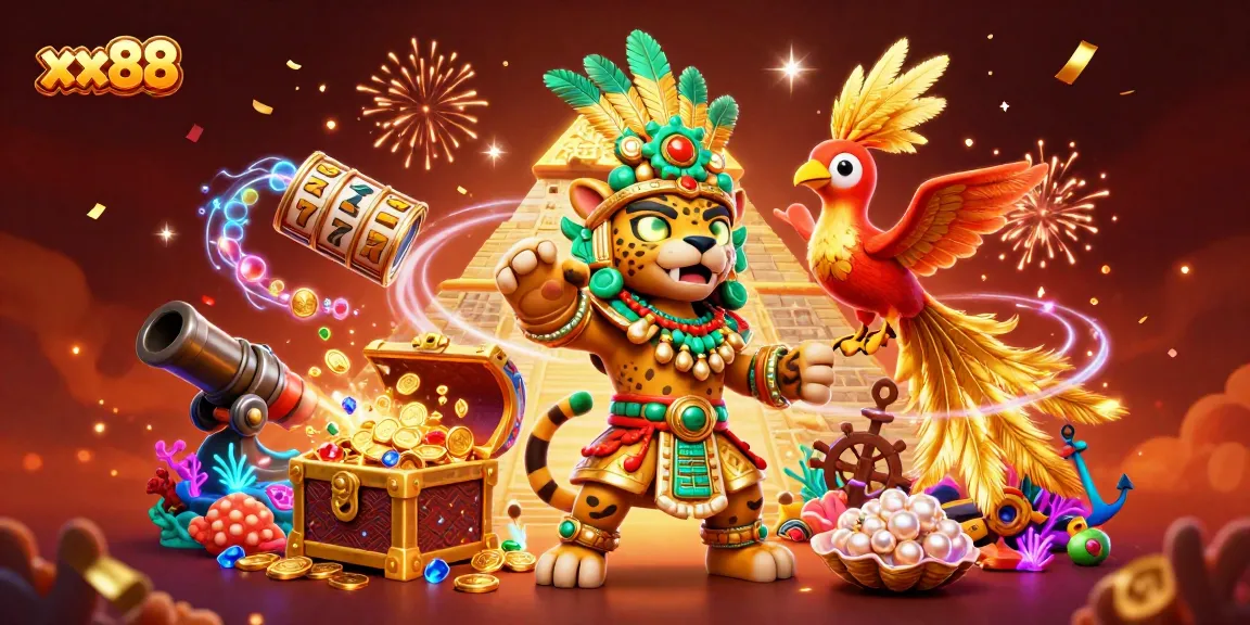Experience thrilling gameplay with xx88 as a Mayan jaguar priest guards treasures and vibrant casino elements.
