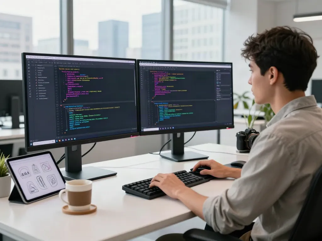 Innovative coding workspace on twistlogic.net with dual monitors, vibrant code, and natural light.