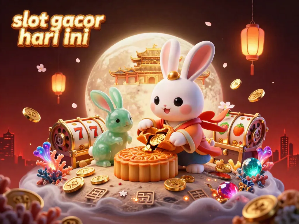 Gambaran slot gacor hari ini dengan karakter kelinci bulan, simbol slot, dan latar suasana kasino yang penuh warna.