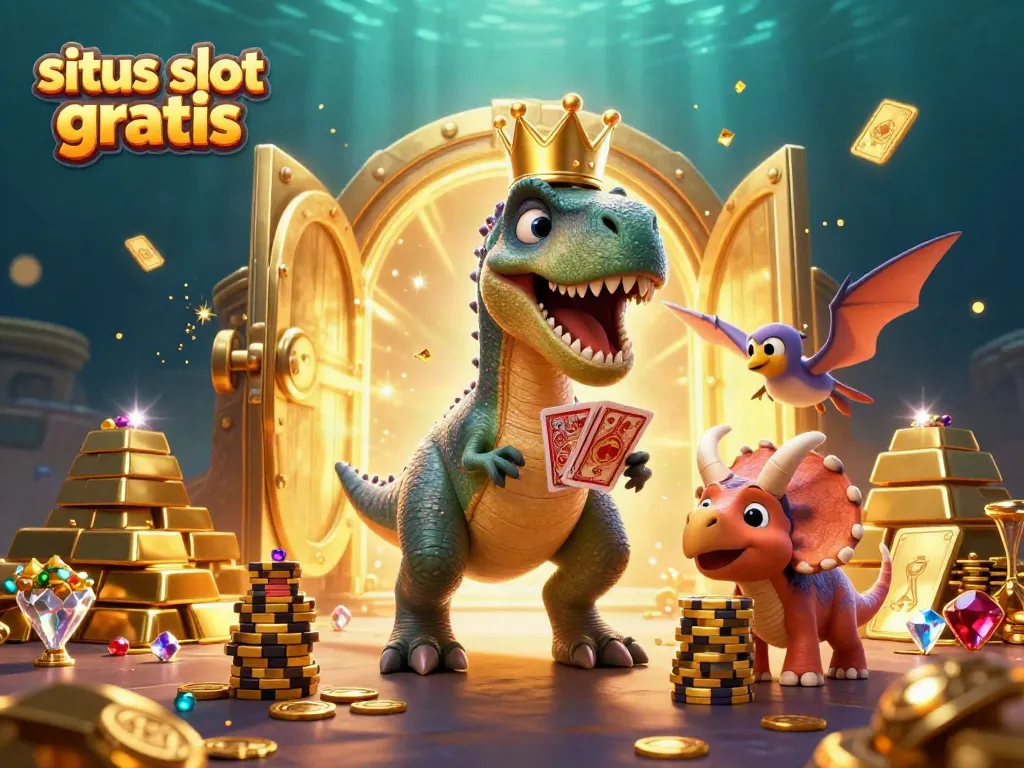 Experience exciting gameplay with situs slot gratis as a T-Rex plays cards, a pterodactyl assists, and a baby triceratops stacks gold chips.