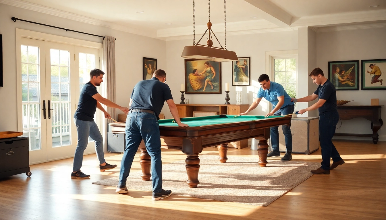 Pool table movers Dallas expertly relocating a vintage pool table in a game room.