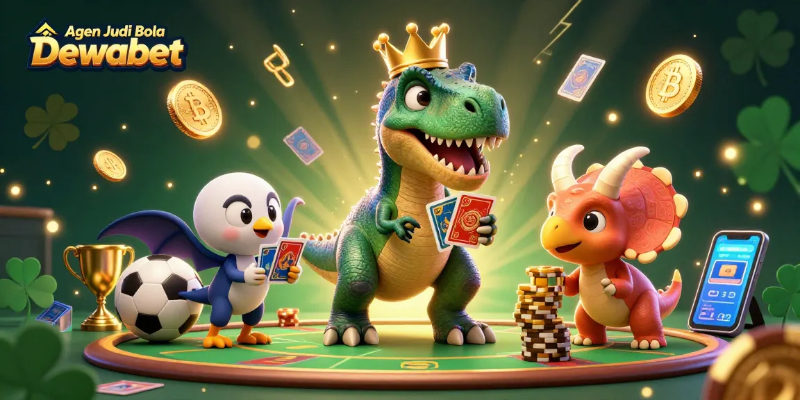 Agen Judi Bola Dewabet offers an engaging scene with a T-Rex playing cards and fun betting elements for sports enthusiasts.