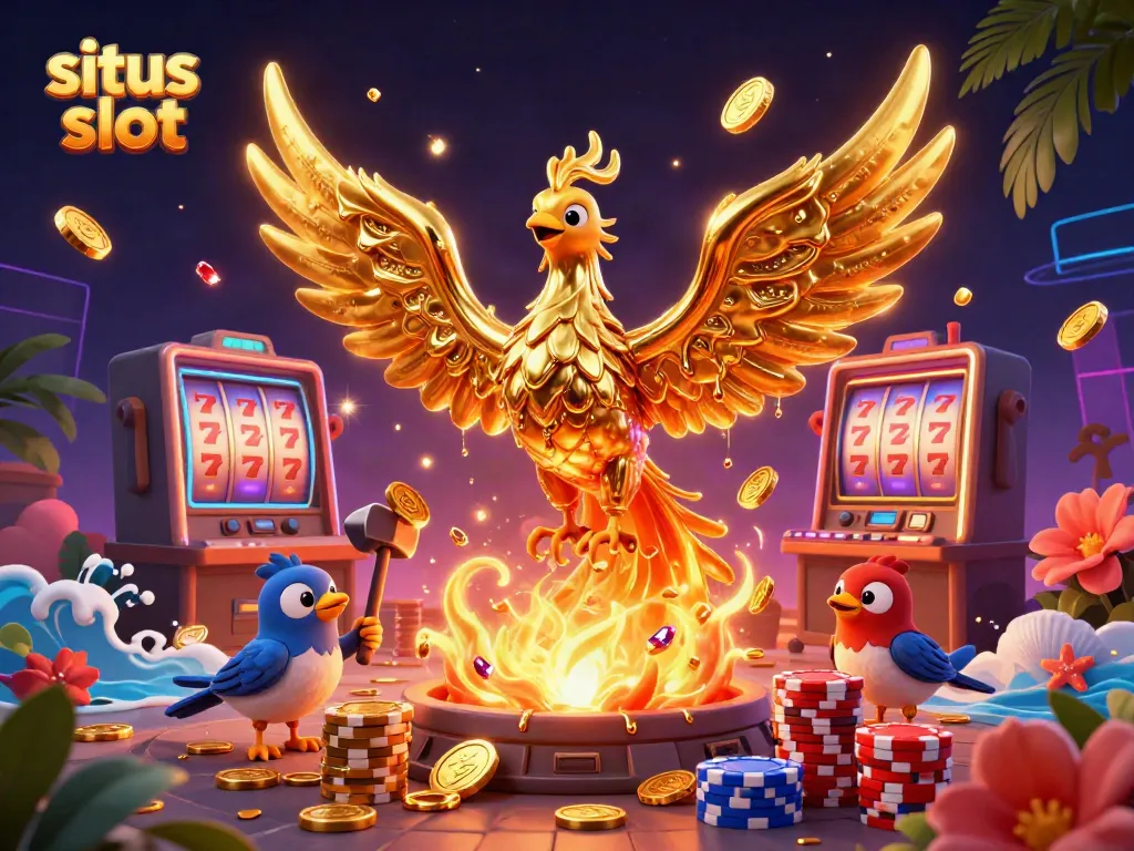 Melihat aksi dari situs slot yang penuh keberuntungan dengan karakter unggulan phoenix emas dan simbol dalam permainan.