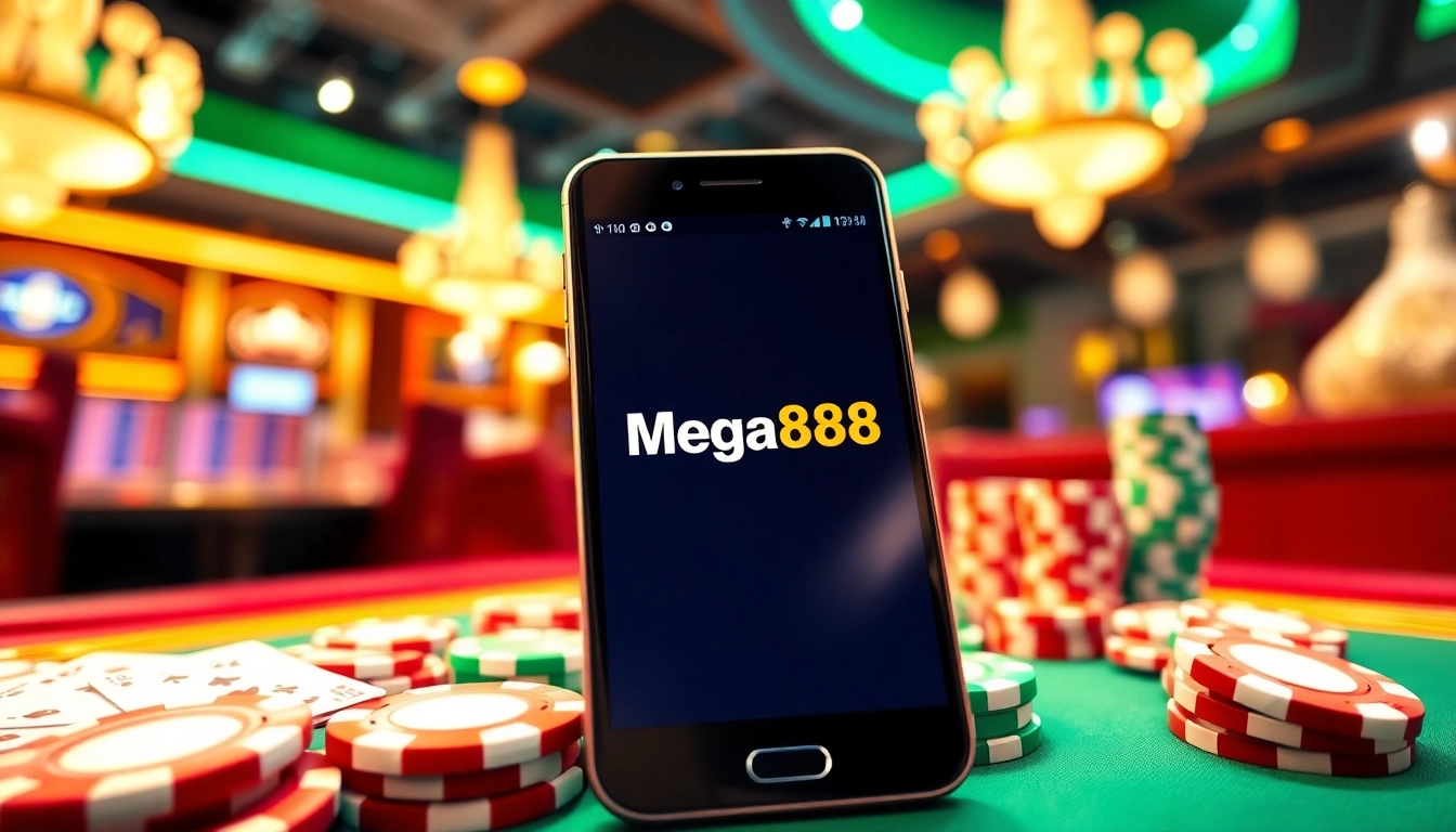 Rasakan keseronokan Mega888 Android dengan telefon pintar dalam suasana kasino yang meriah.