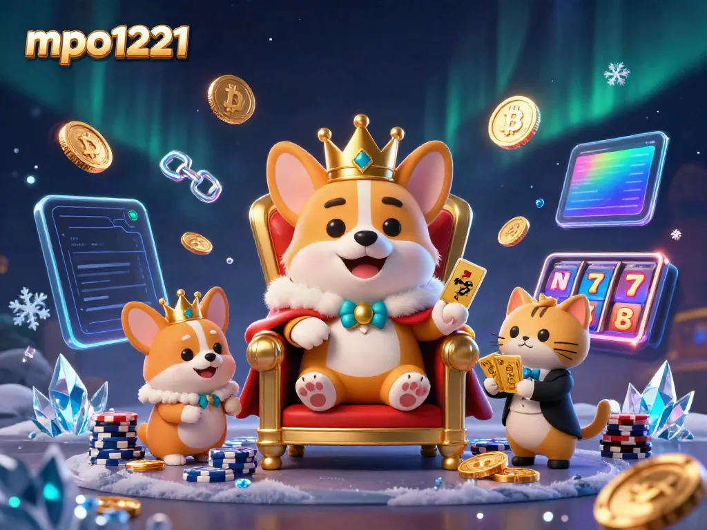 Experience gaming with mpo1221 as royal corgi celebrates on a throne of poker chips surrounded by crypto elements.