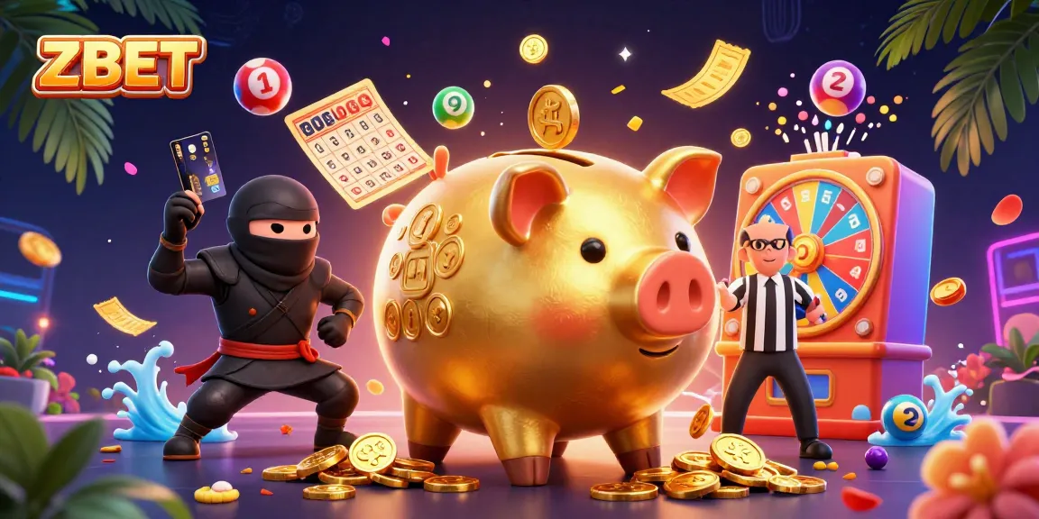 ZBET showcases thrilling lottery action with energetic characters, vibrant balls, and cascading coins in a casino scene.
