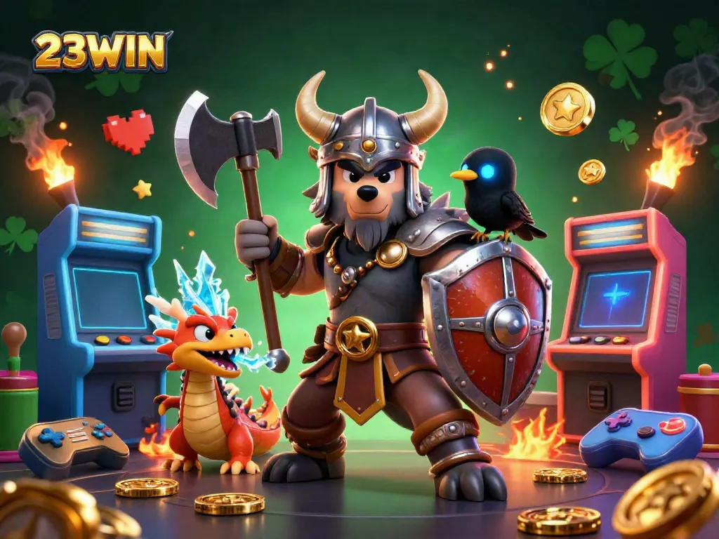 Engage with 23WIN's immersive casino experience featuring a Viking warrior, dragon, and arcade elements.
