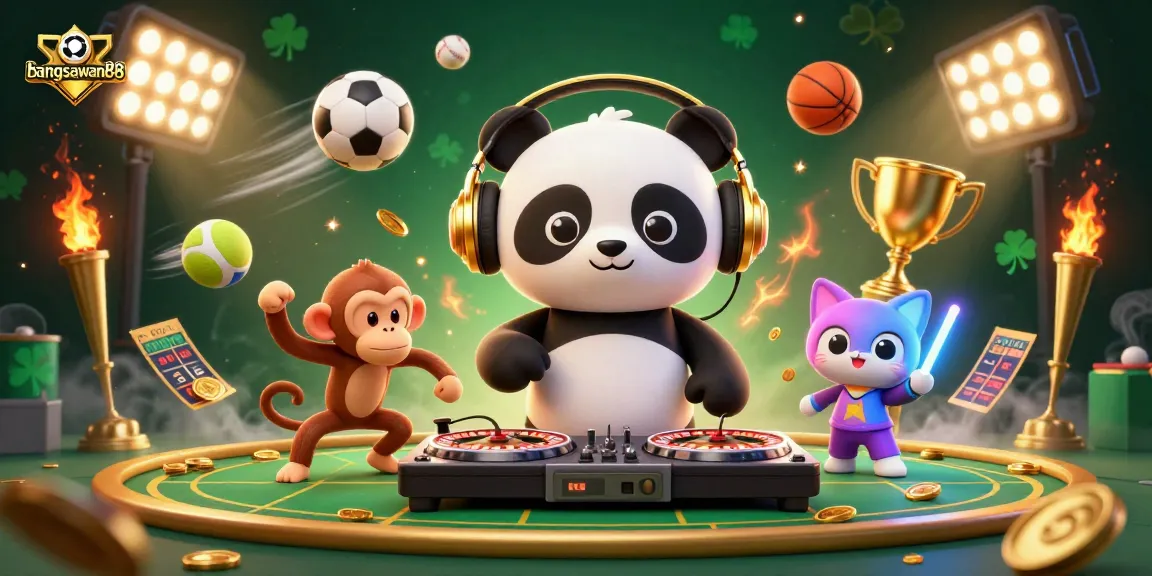 Bangsawan88 showcases a vibrant sports betting scene with a DJ panda and animated elements, perfect for bettors.