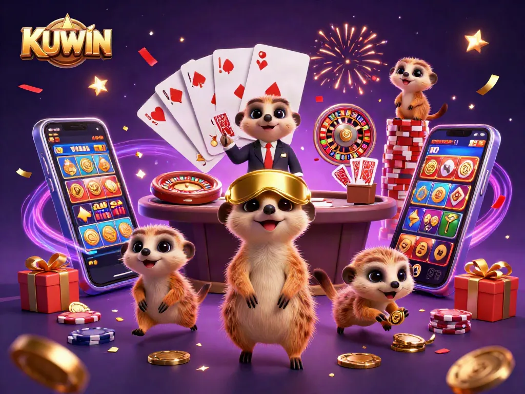 KUWIN showcases meerkats running an exciting casino with vibrant slot games and dynamic elements.