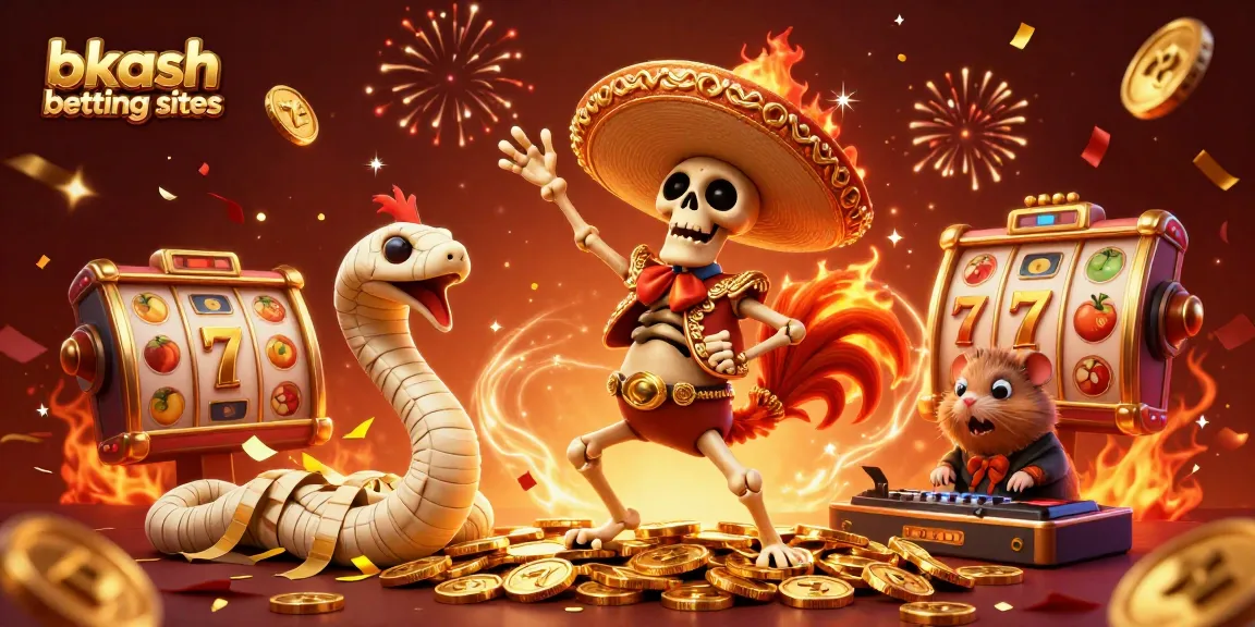 Engage with bkash betting sites featuring a vibrant 3D casino illustration with characters celebrating amidst golden coins and slot elements.