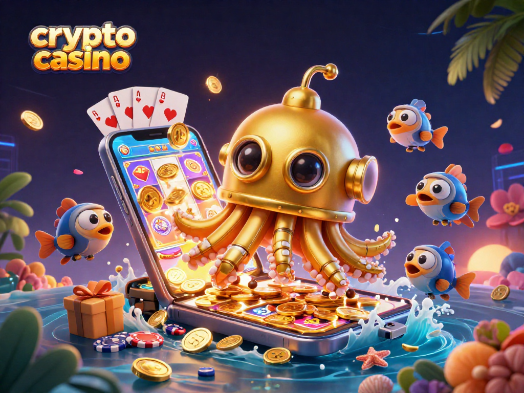 Le crypto casino en ligne dévoile un kraken doré entouré de pièces et de jeux de cartes.