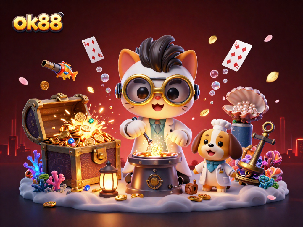 Spin and win with ok88 in this vibrant casino-inspired 3D illustration, bursting with golden treasures.