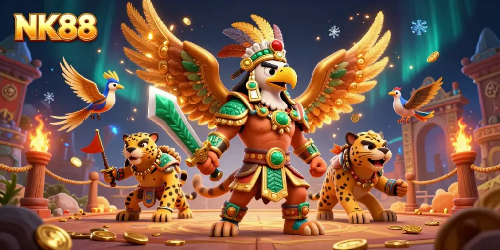Experience gaming with NK88's vibrant casino scene featuring energetic characters and rich decorations.