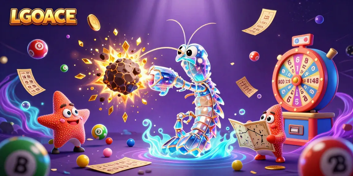 LGOACE players enjoying a dynamic 3D illustration of vibrant lottery excitement with colorful balls and golden gems.