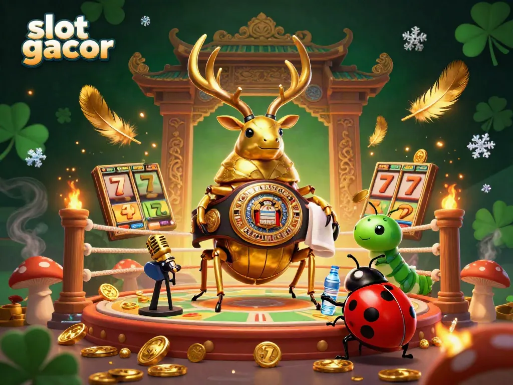 Engage with the slot gacor champion in a dynamic casino-themed arena filled with vibrant gaming elements.