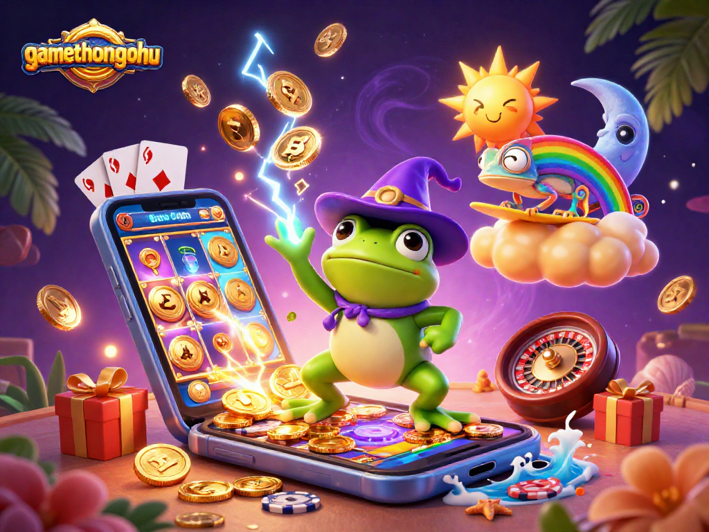 Play exciting gamethuongnohu slots while a wizard frog conjures gold and thunder in a vibrant 3D scene.
