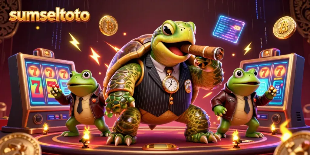 Experience thrilling wins with sumseltoto featuring a mobster turtle surrounded by lucky slot elements.