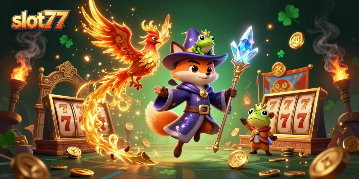 Slot77 menampilkan ilustrasi 3D dengan karakter berkualitas tinggi, gulungan slot, dan efek api yang menarik.