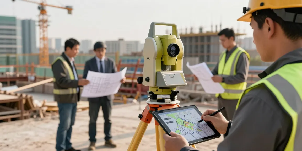 Topographical surveys Southampton conducted by professional surveyors using advanced measuring equipment on an urban construction site.