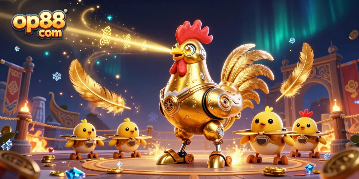 Experience exciting games at op88 com with a dazzling 3D illustration of a golden rooster robot and baby chick drones.