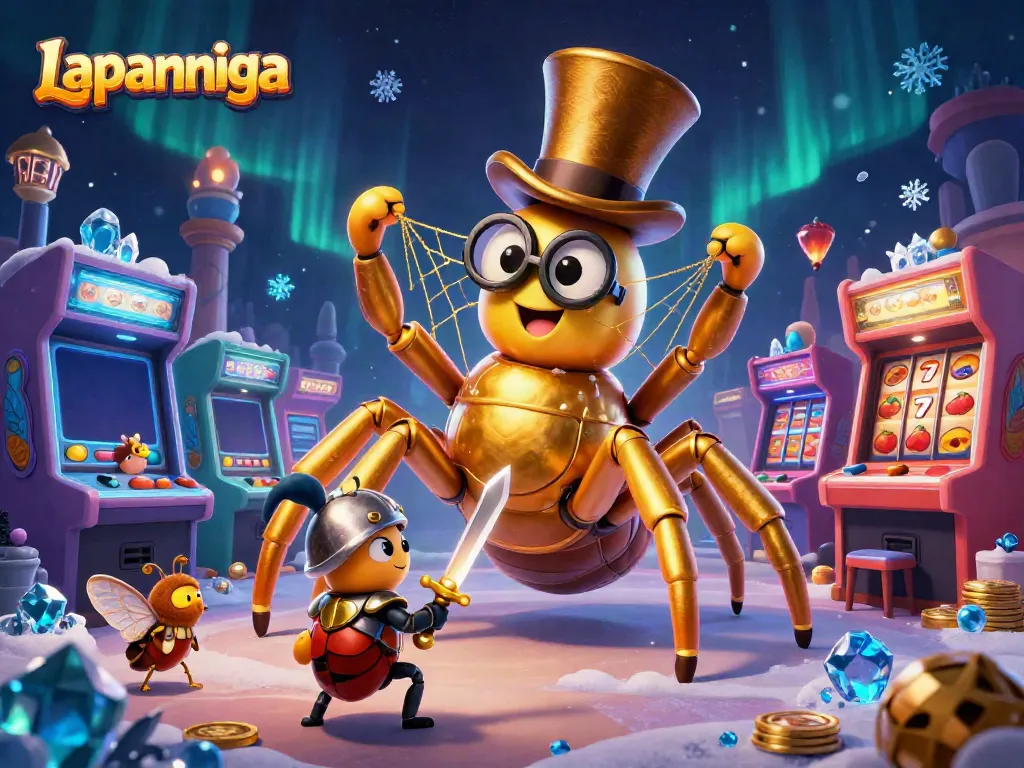 Engage in thrilling gameplay with Lapannaga featuring a golden tarantula and beetle knight amidst casino excitement.