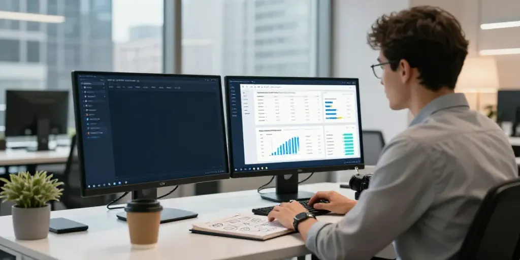 Professional marketer analyzing instant indexing metrics in a modern office.