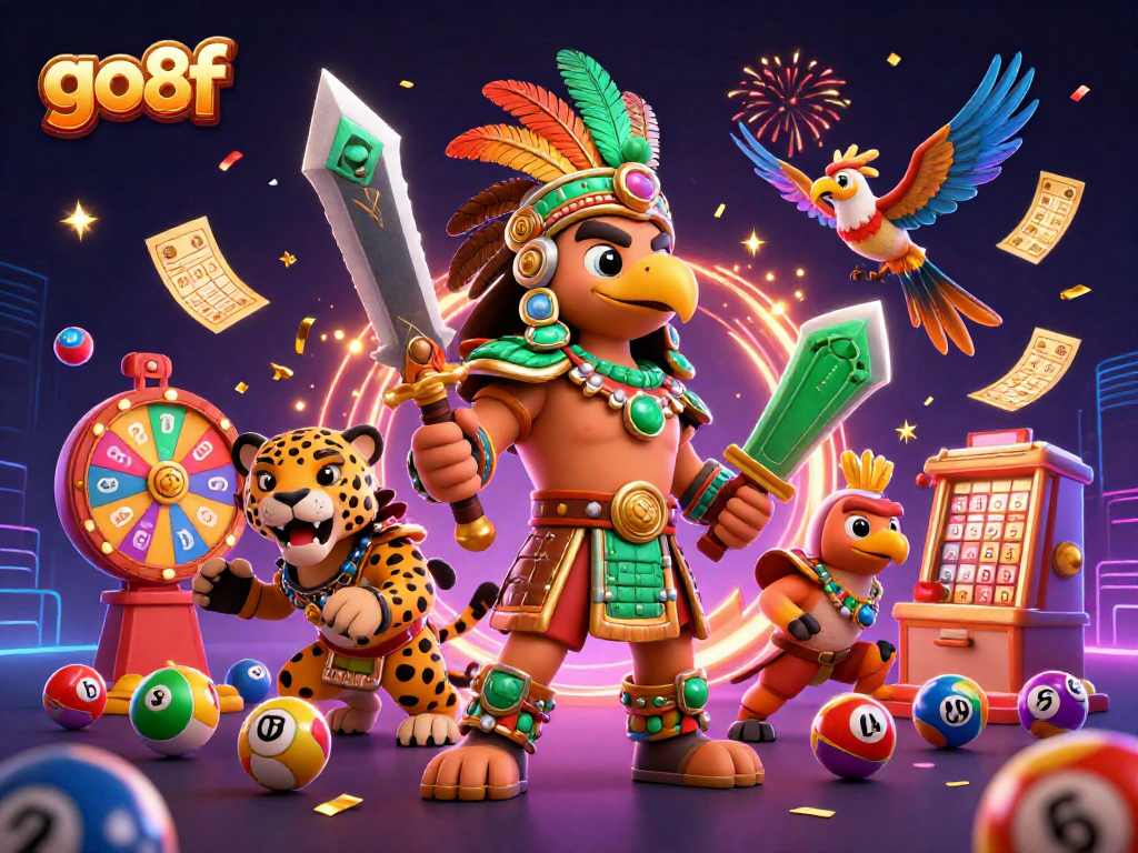 Engage with go8f: dynamic 3D illustration of Aztec warriors amid vibrant gambling elements and animated action.