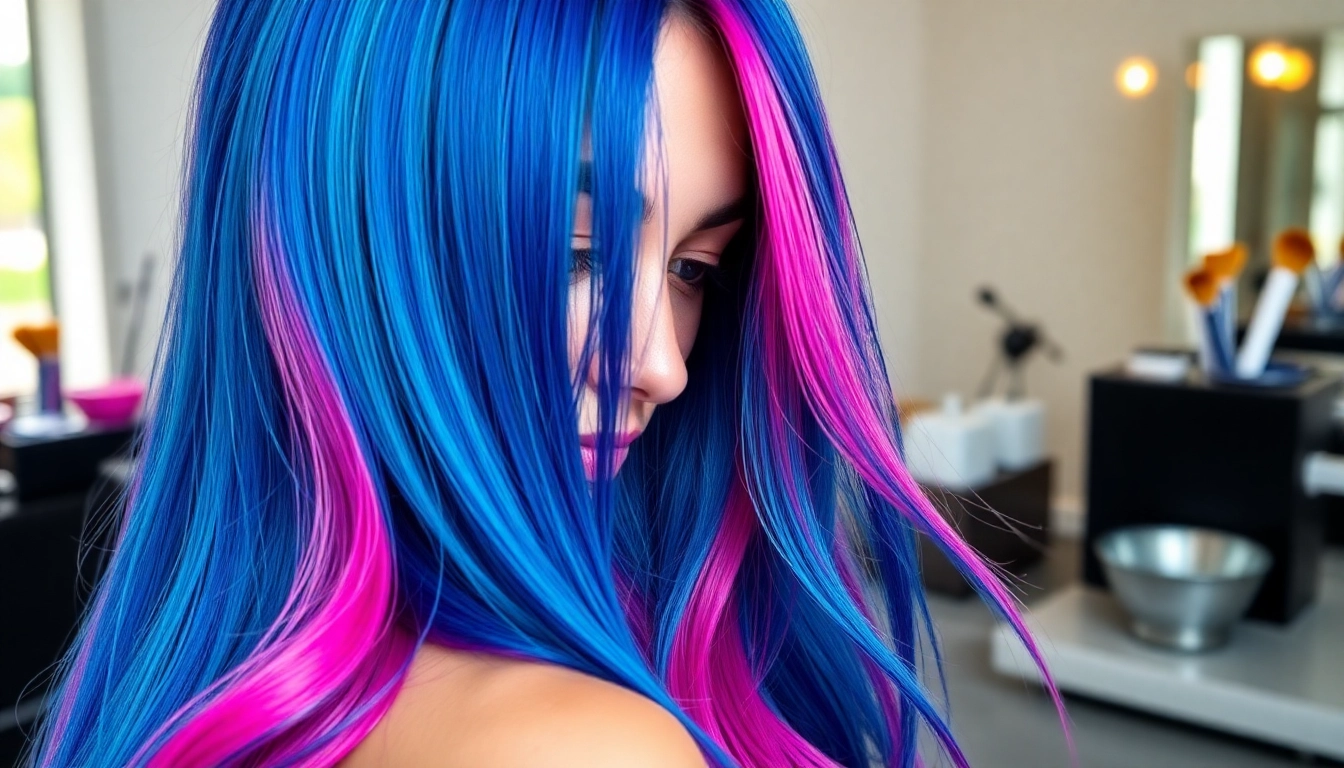 Stunning hair colouring transformation featuring vibrant colors and professional tools.