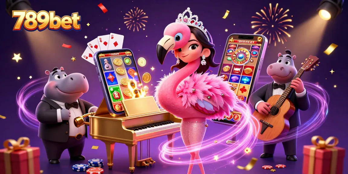 Experience the excitement of 789bet with a vibrant casino scene featuring a flamingo singer and hippo bassist.