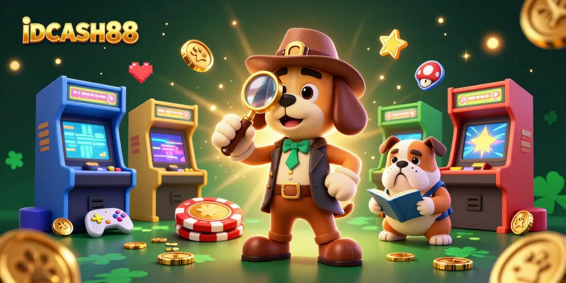Engage with IDCASH88 in a vibrant scene featuring a cartoon detective and treasure clues.