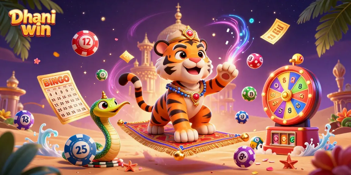 Dhani win brings excitement to life with lottery balls and golden tickets in a vibrant 3D scene.