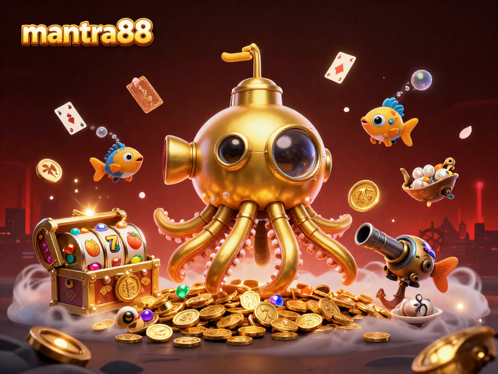 Join the action with mantra88's golden kraken submarine in a vibrant casino scene!